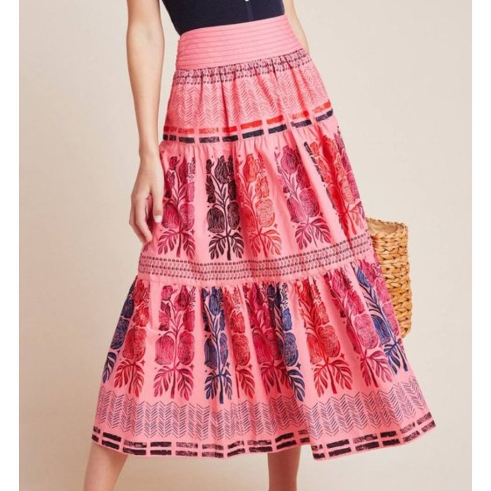 Anthropologie Blooming Print Auberte Tiered Poplin Floral Midi Skirt - Size 2